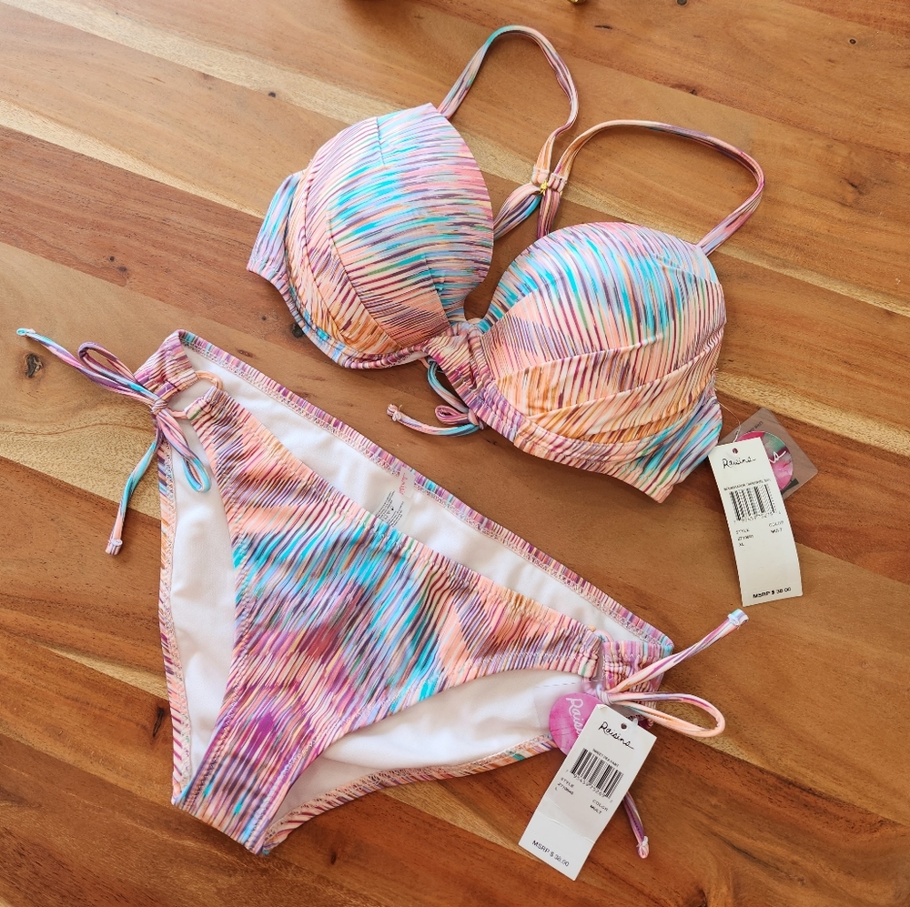 NWT Raisins tribal print multi color bikini set push-up underwire XL/L